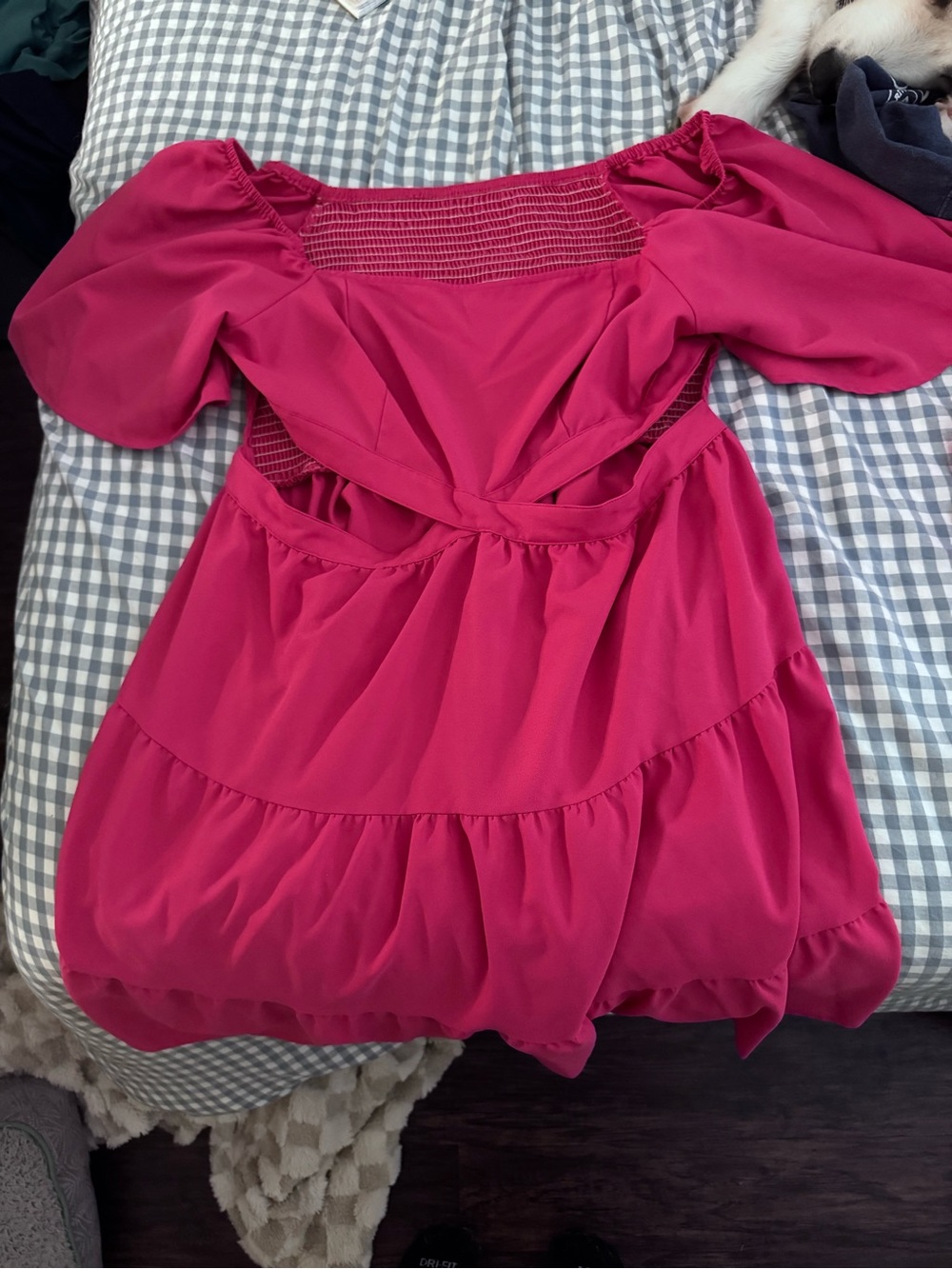 SHEIN Bright Fuchsia Tiered Puff-Sleeve Dress